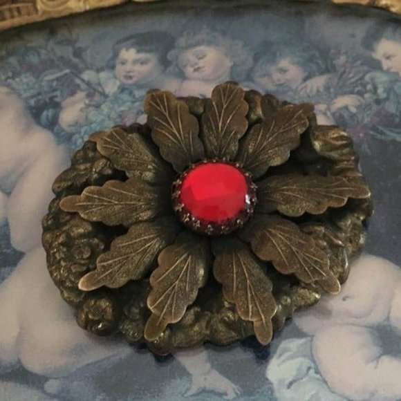 HTF Antique Art Nouveau Red Vauxhall Glass Bohemian Czech Repousse Brass Brooch - Picture 1 of 12